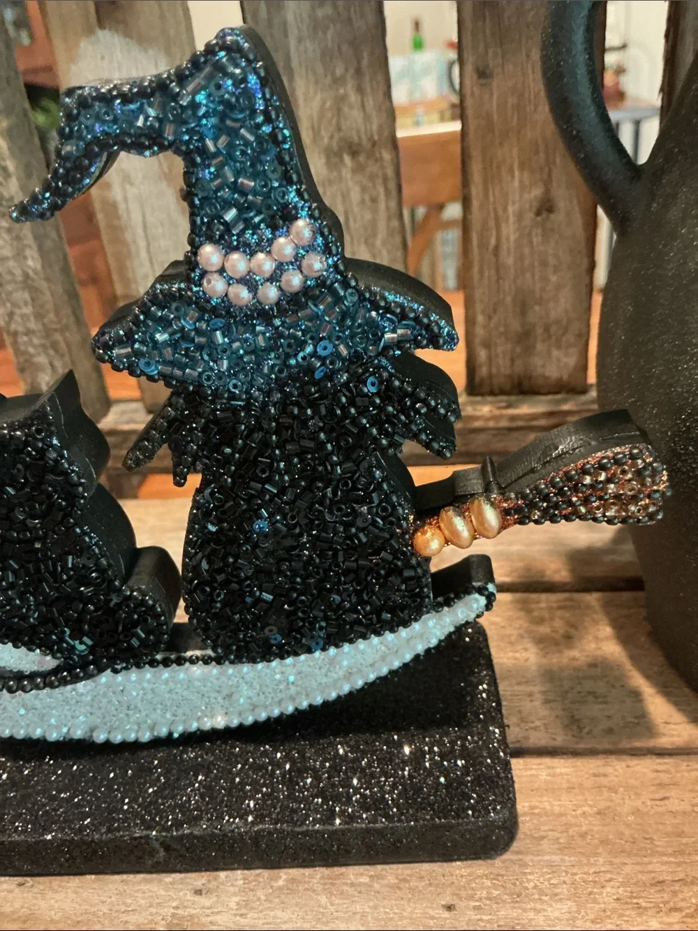 Halloween Beaded and Glitter Witch and Cat On a Moon Tabletop Decor